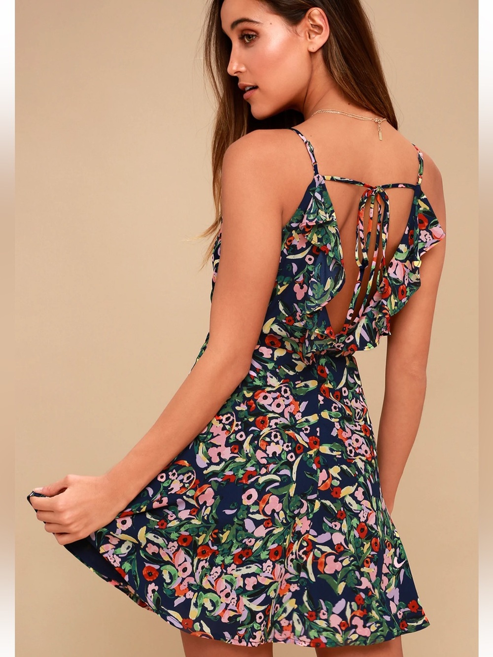 Lulu's  Great Bloom Navy Floral V-Neck Fit & Flare Mini Dress